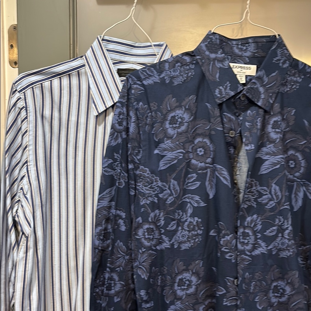 Express Blue Dress Shirt with Elegant Floral Design